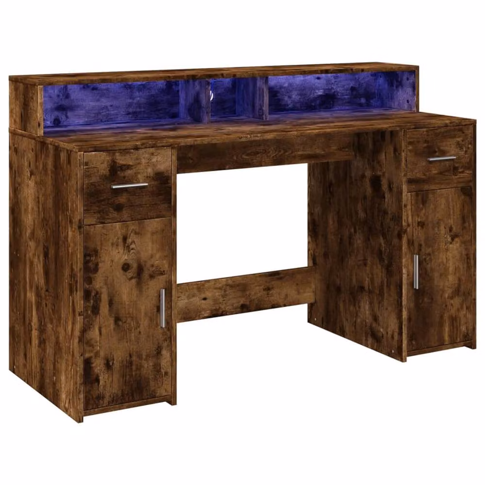 Berkfield Home Gaming Desk with LED Lights in Smoked Oak Brown, W/D/H: 140 x 55 x 91 cm – 2