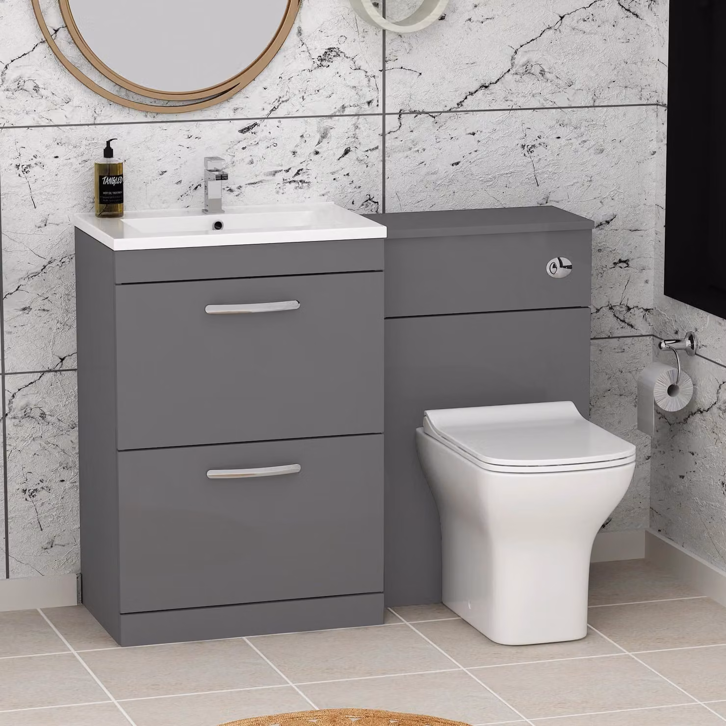 Royal Bathrooms Turin 1100mm Indigo Grey Gloss Minimalist 2-Drawer Basin and Qubix Back to Wall Toilet Pack