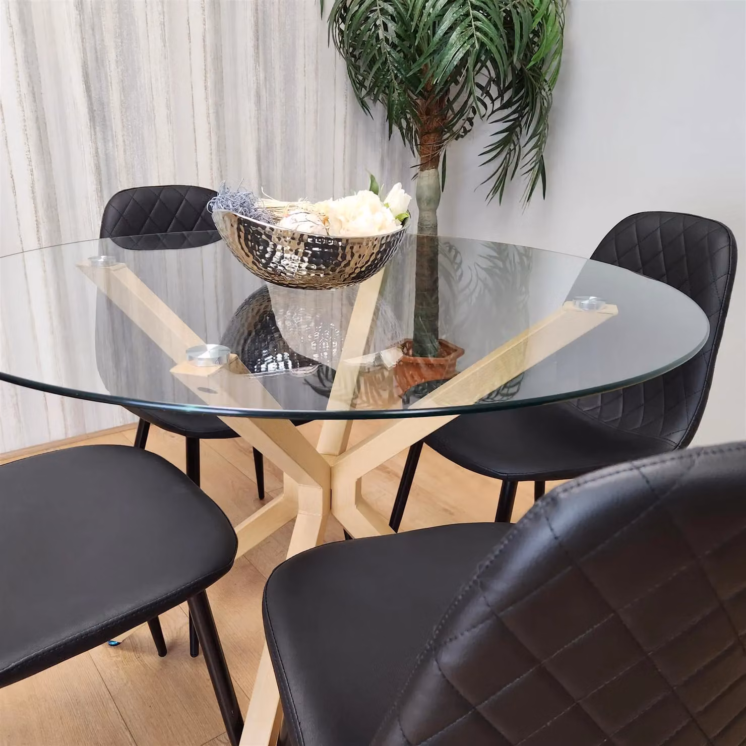 Kosy Koala Round Glass Dining Table Set with 4 Black Gem Pattern Chairs in Clear and Black – 2