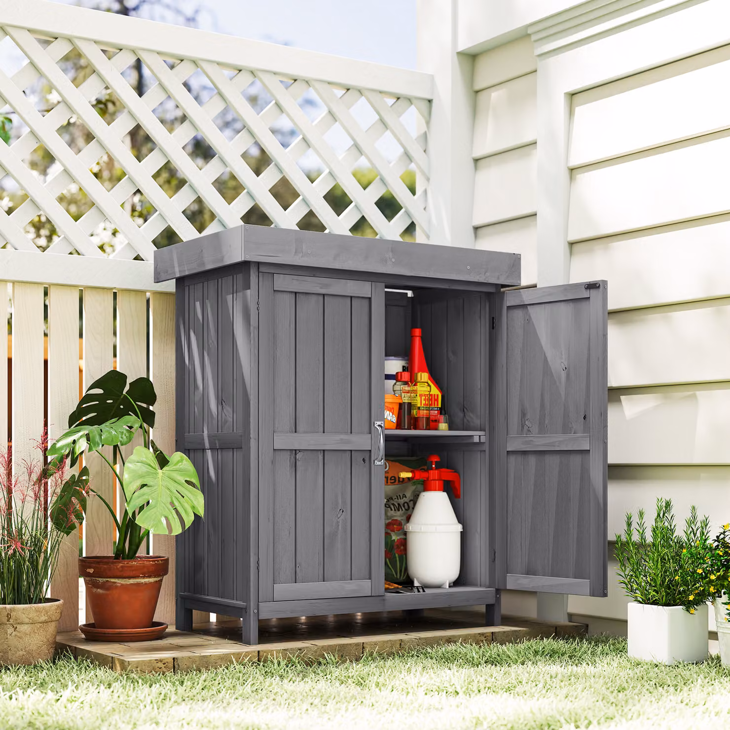 Outsunny Grey Wooden Garden Storage Shed and Tool Cabinet Organiser with Shelves and Two Hinged Doors, W: 74 cm, D: 43 cm, H: 88 cm – 2