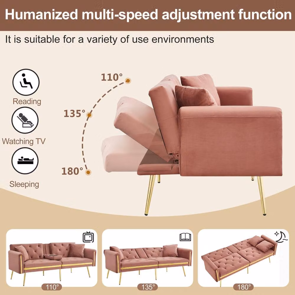 Merax Pink Velvet Sofa Bed with Gold Trim and Fold-Down Cup Holders, W: 174 cm, H: 76 cm, D: 71.5 cm – 3