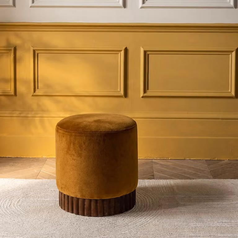 Atkin and Thyme Holborn Cylindrical Footstool in Yellow Velvet