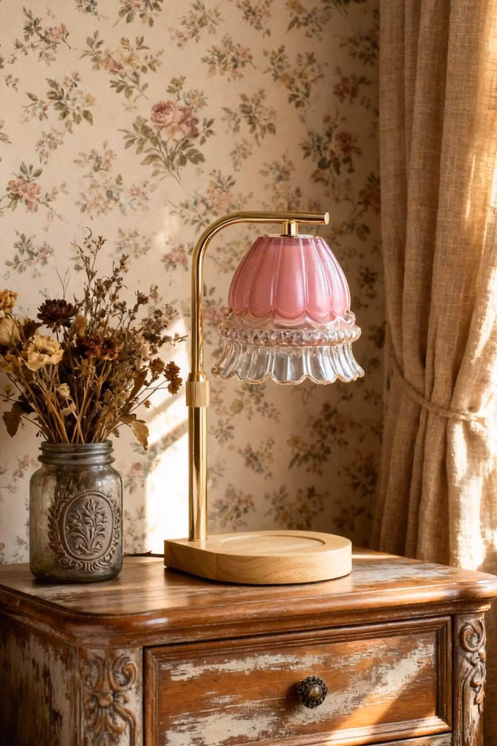 H&O Direct Height Adjustable Dimmable Candle Warmer Lamp in Pink with Gold and Wood Accents – 2