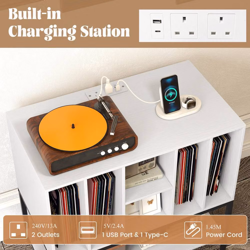 Costway Modern White Record Player Stand and Turntable Table with Integrated Charging Station – 5