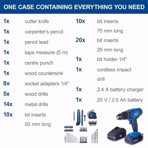 Scheppach C-DTB74/1-X IXES 20V Cordless Drill Starter Kit with 74-Piece Set and 2.0Ah Battery, Blue – 4