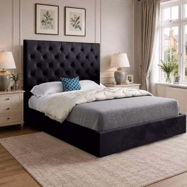 Casani Cottesmore Chesterfield Upholstered Velvet Bed Frame, Black, W/D/H: 140 x 200 x 137 cm – 1