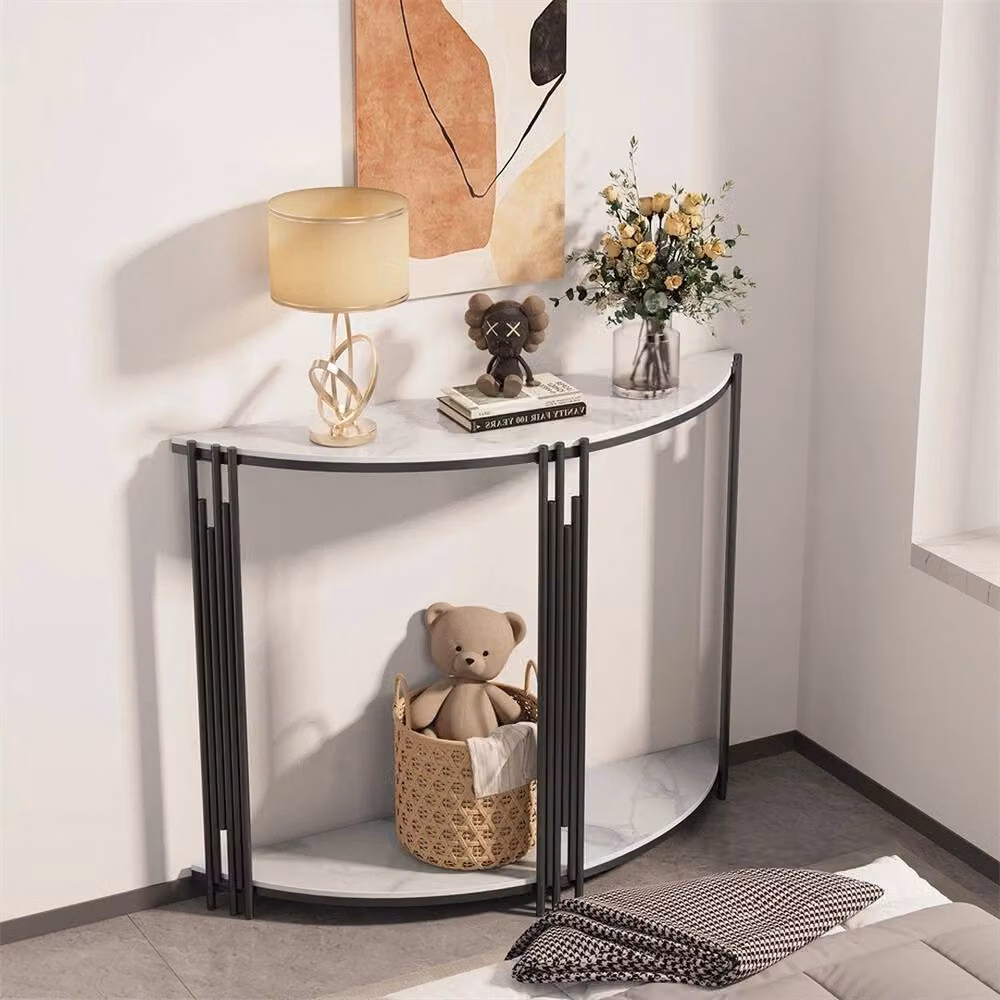 VOGREX Luxury White Marble Semi Circle Geometric Console Table for Hallways – 3