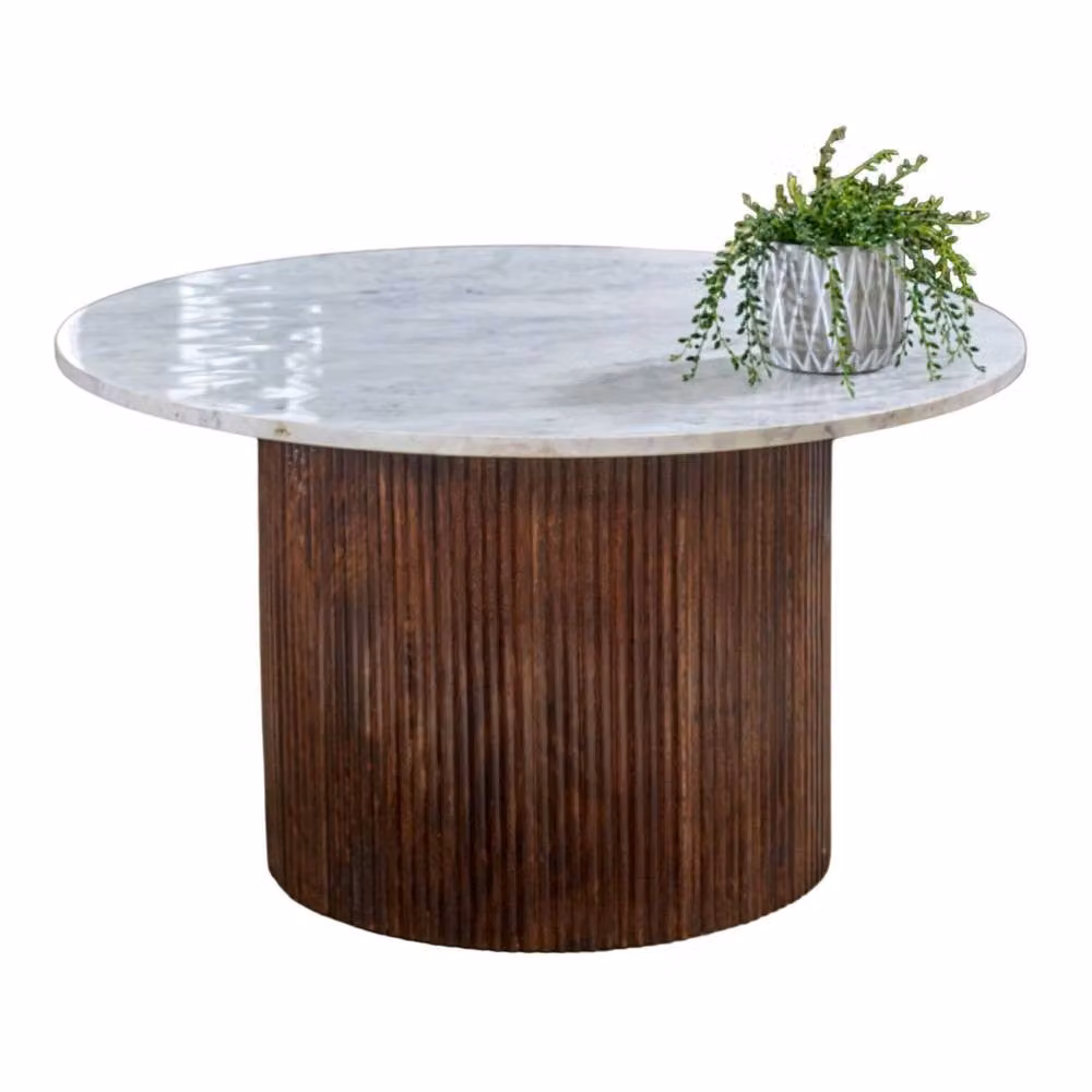 Wyld Haus Alabama Round Ribbed Mango Wood Coffee Table with Marble Top in Brown, W/D/H: 80.0 x 80.0 x 45.0 cm – 2