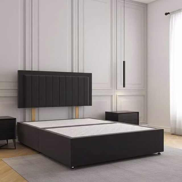 Regional Furnishings Black Plush Velvet Single Divan Bed with 24 inch Headboard