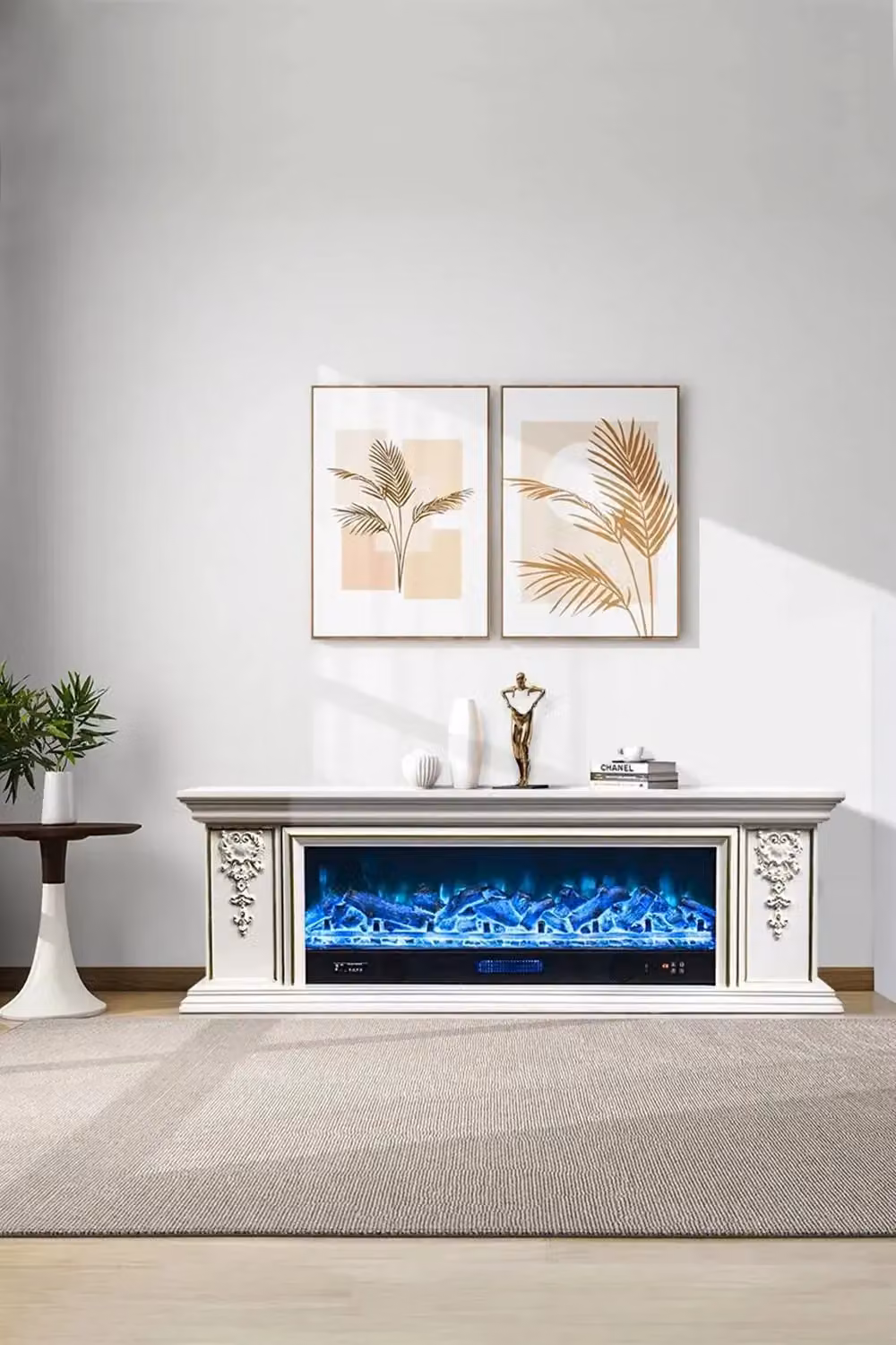 Living and Home Gold and White Natural Resin Carved Craftsman TV Stand with Adjustable Flame Electric Fireplace and Remote Control W: 180 cm, H: 60 cm – 2