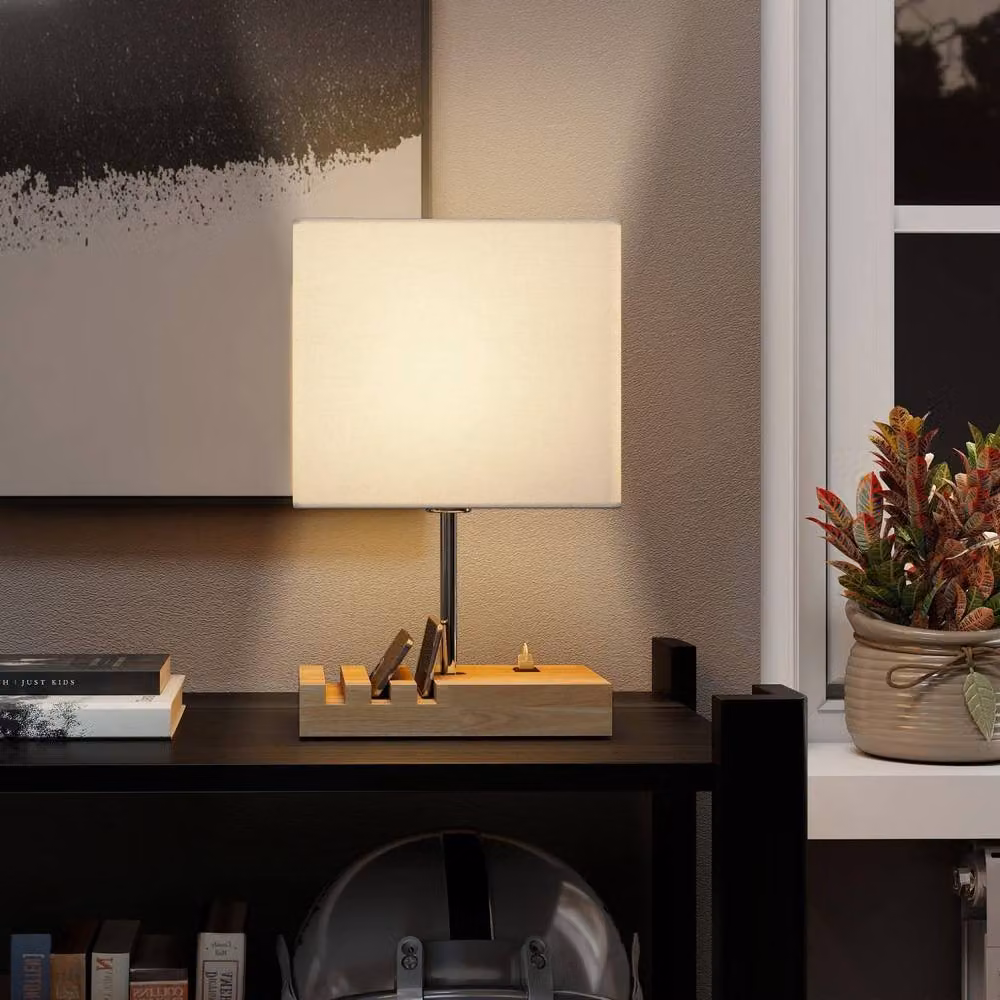 Wyld Haus Hael Wood and Fabric Table Lamp with USB A and USB C Charging Phone Stands in White – 7
