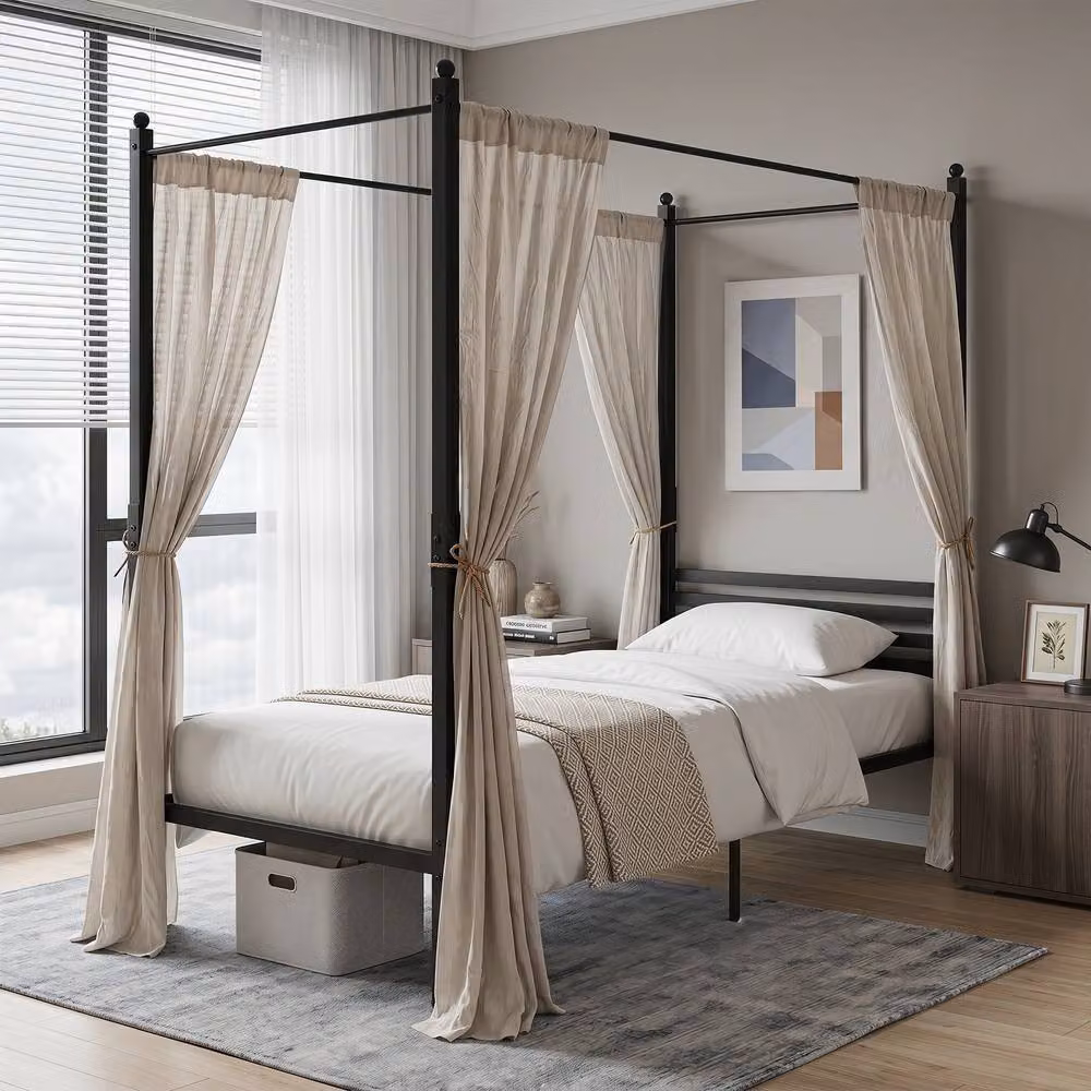 Costway Single Size Metal Canopy Bed Frame with Headboard in Black, W/D/H: 140 x 200 cm – 4
