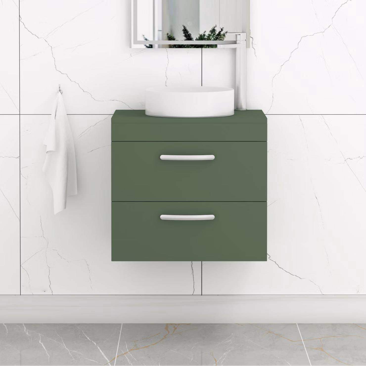 Royal Bathrooms Turin Wall Hung Vanity Unit with 2 Drawers and Countertop Basin, Matt Green with Matt Black Handles, Width: 50 cm