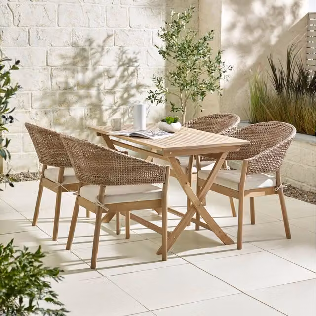 FurnitureboxUK Hamburg Outdoor Dining Set with Solid Acacia Wood Table and 4 Asa Wicker Chairs in Natural Brown and Beige