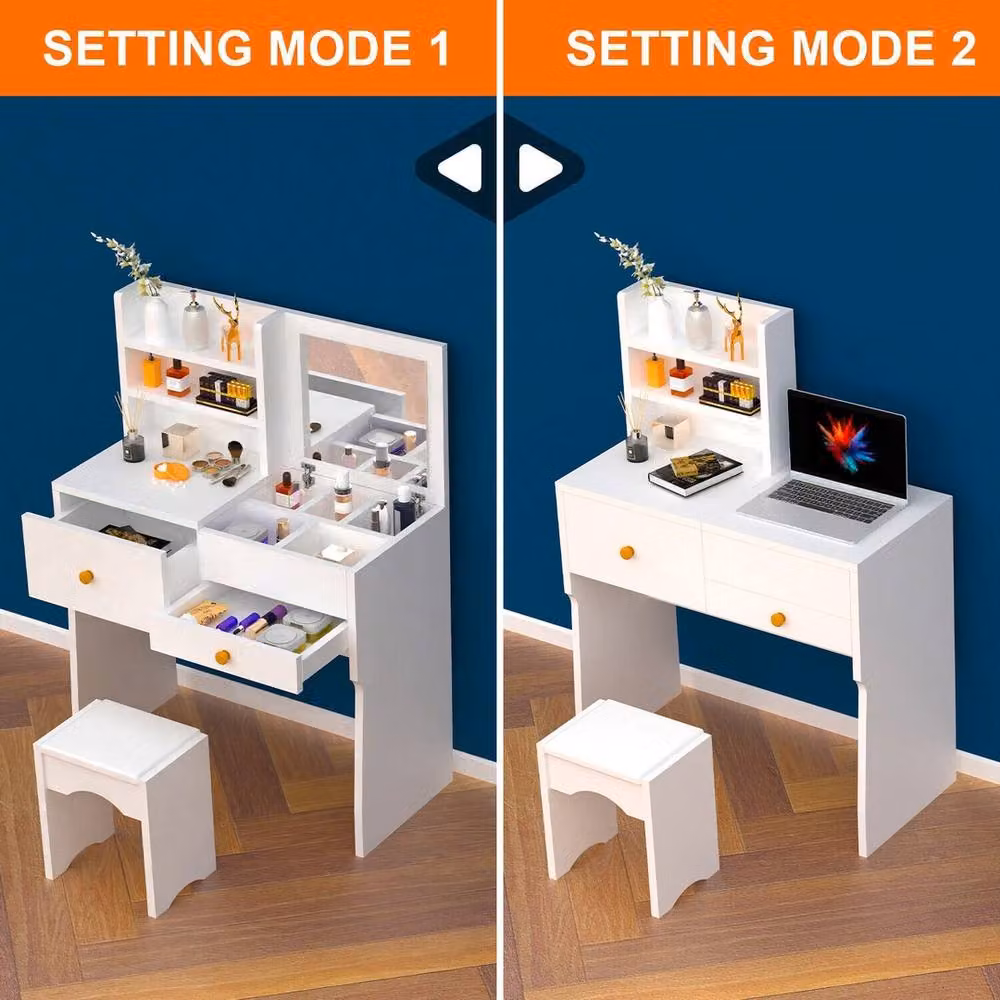 VOGREX Dressing Table with Mirror and Stool Set in White – 3