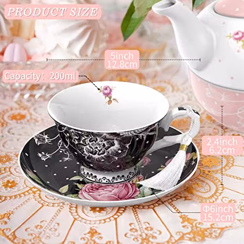 London Boutique Black and White Floral Tea Cup and Saucer Set of 2 in New Bone China – 6