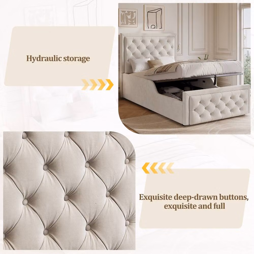 Rolipo Beige Velvet Single Children's Bed with Hydraulic Storage W/D/H: 90 x 190 cm – 3