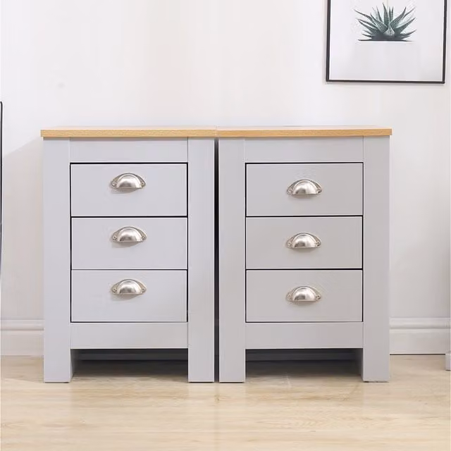 HMD Furniture Pair of 2 Grey Bedside Tables with 3 Drawers