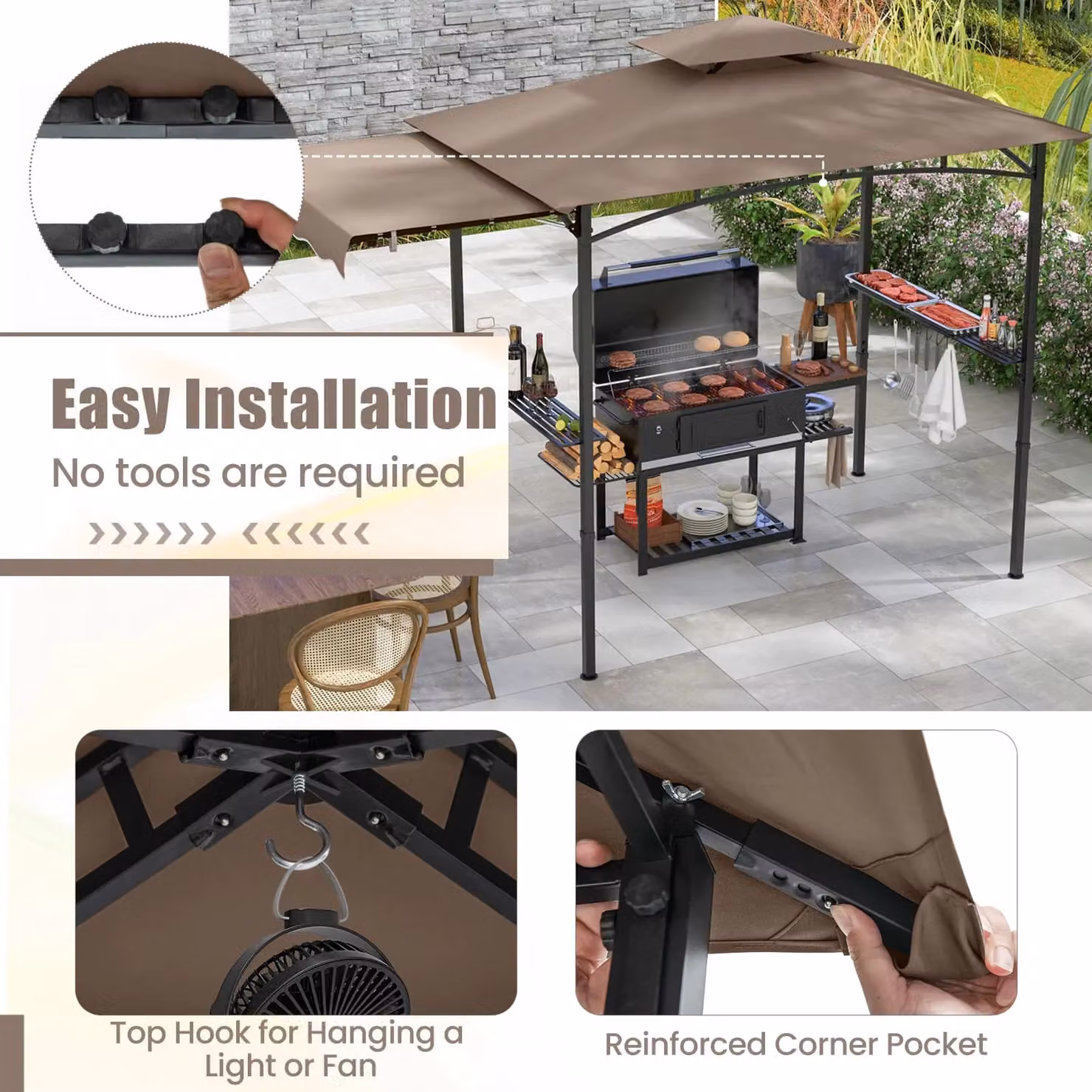 Costway Grill Gazebo Outdoor Barbecue Canopy Tent with Side Awning, Brown, W: 318 cm, D: 153 cm, H: 242 cm – 3
