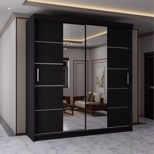 Leeds Sliding Door Wardrobe in Black with Mirror and Glass Details, Width: 203 cm