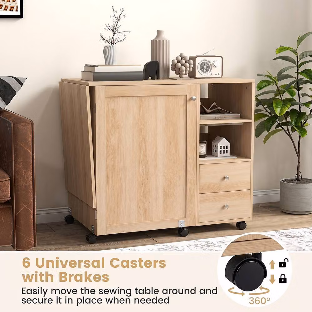 Gymax Multifunctional Folding Sewing Machine Cart Table in Brown with Castors – 2