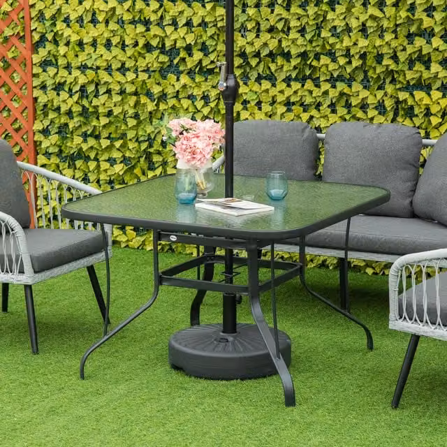 Outsunny Modern Square Metal and Glass Patio Dining Table with Parasol Hole, Black, W/D/H: 106.5 x 106.5 x 106.5 cm