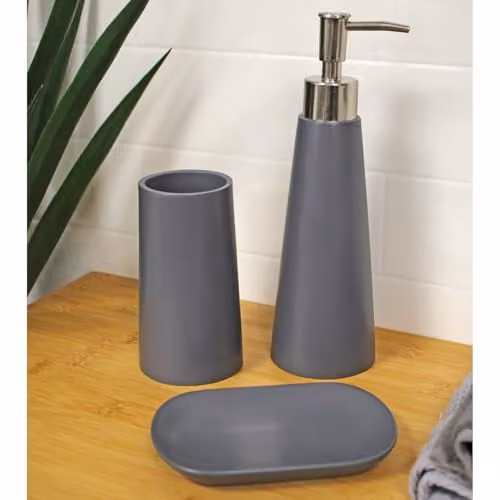 Showerdrape Alto 3 Piece Grey Bathroom Accessory Set including Soap Dispenser, Soap Dish and Tumbler – 1