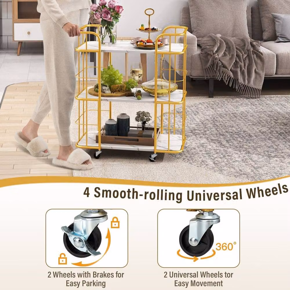 Costway 3-Tier Rolling Bar Serving Trolley with Faux Marble Shelves in White and Gold – 2