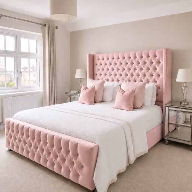 Bellavita Gas Lift Storage Bed with Chesterfield Tufted Headboard in Pink Velvet