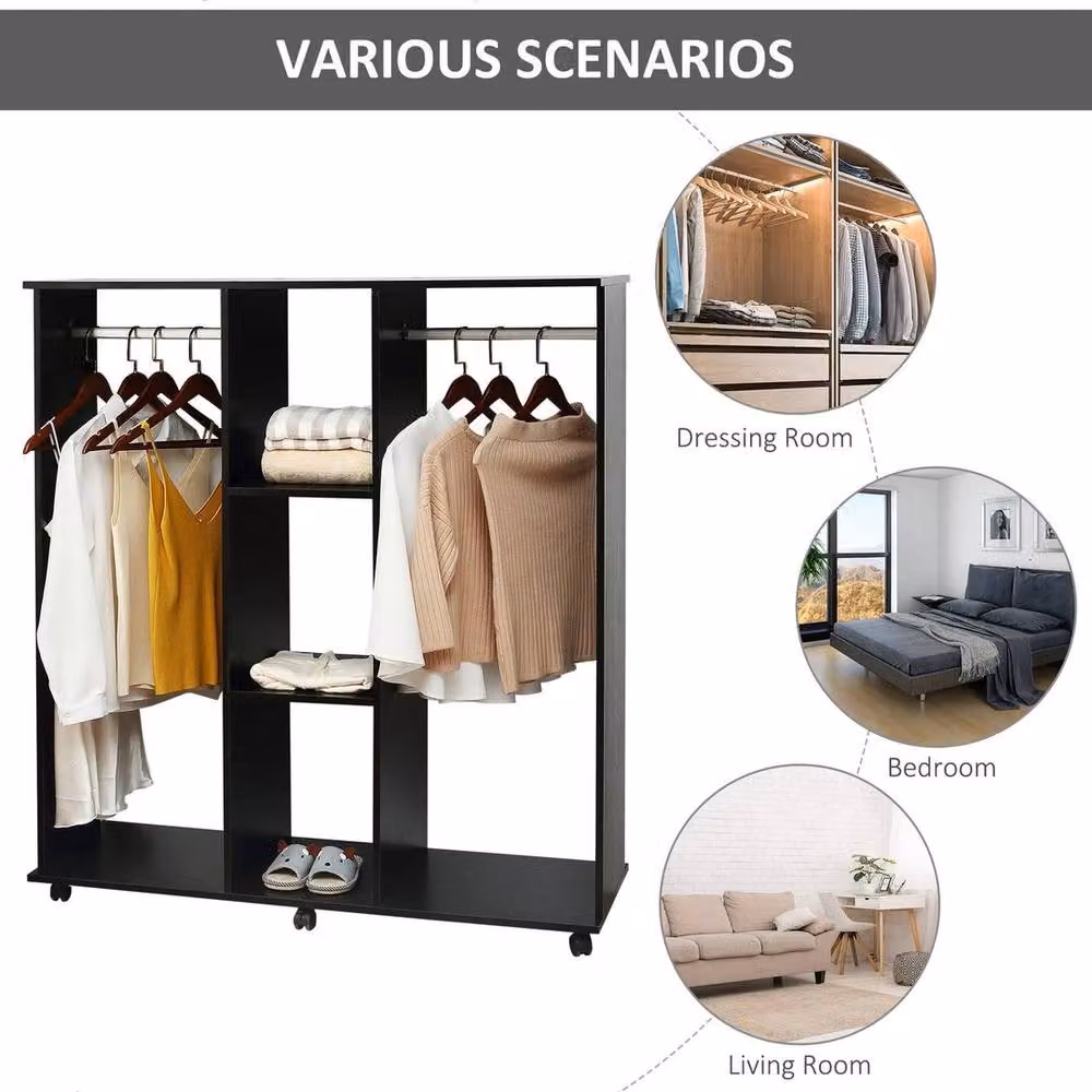 KORVIXA Mobile Double Open Wardrobe with Clothes Hanging Rail in Black, W/D/H: 100 x 100 x 100 cm – 4