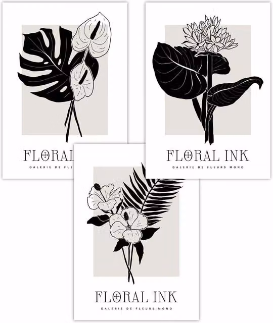 ARTZE Set of 3 Floral Sketch Botanical Leaves Paper Posters in Black, Beige and White, W: 30 cm, H: 42 cm