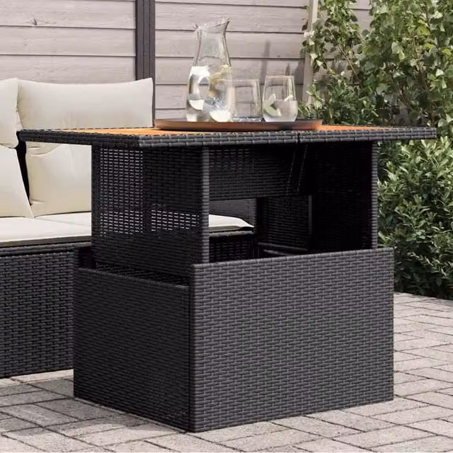 Berkfield Home Black Poly Rattan and Acacia Wood Garden Table W/D/H: 100 x 55 x 73 cm