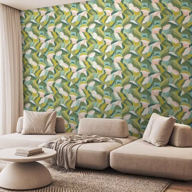 Hoopla Walls Leafy Patchwork Wallpaper in Green and Multicolour