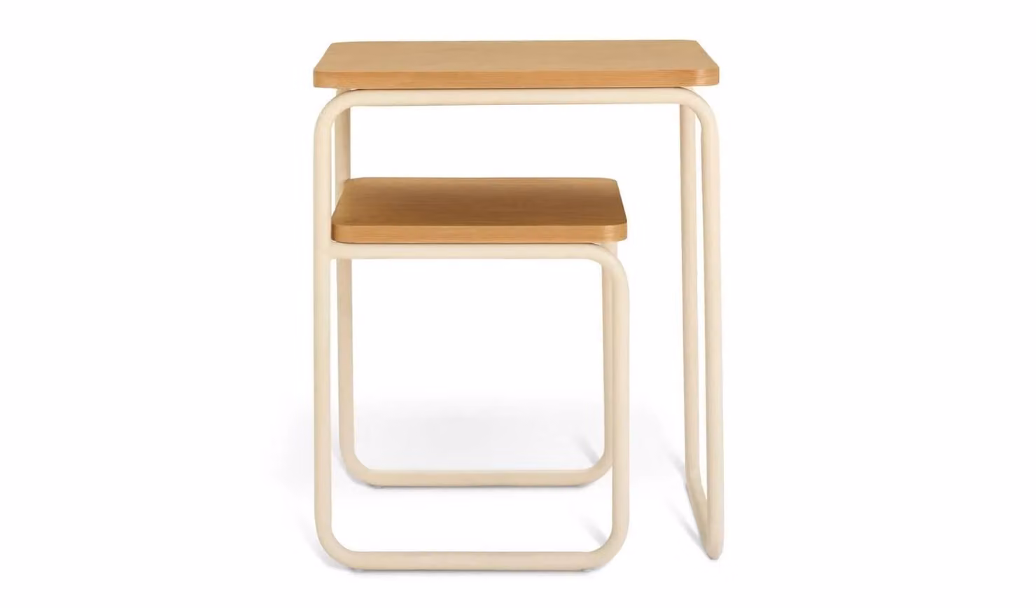 Leigh White Metal and Oak Wood Bedside Table with Minimalist Compact Storage