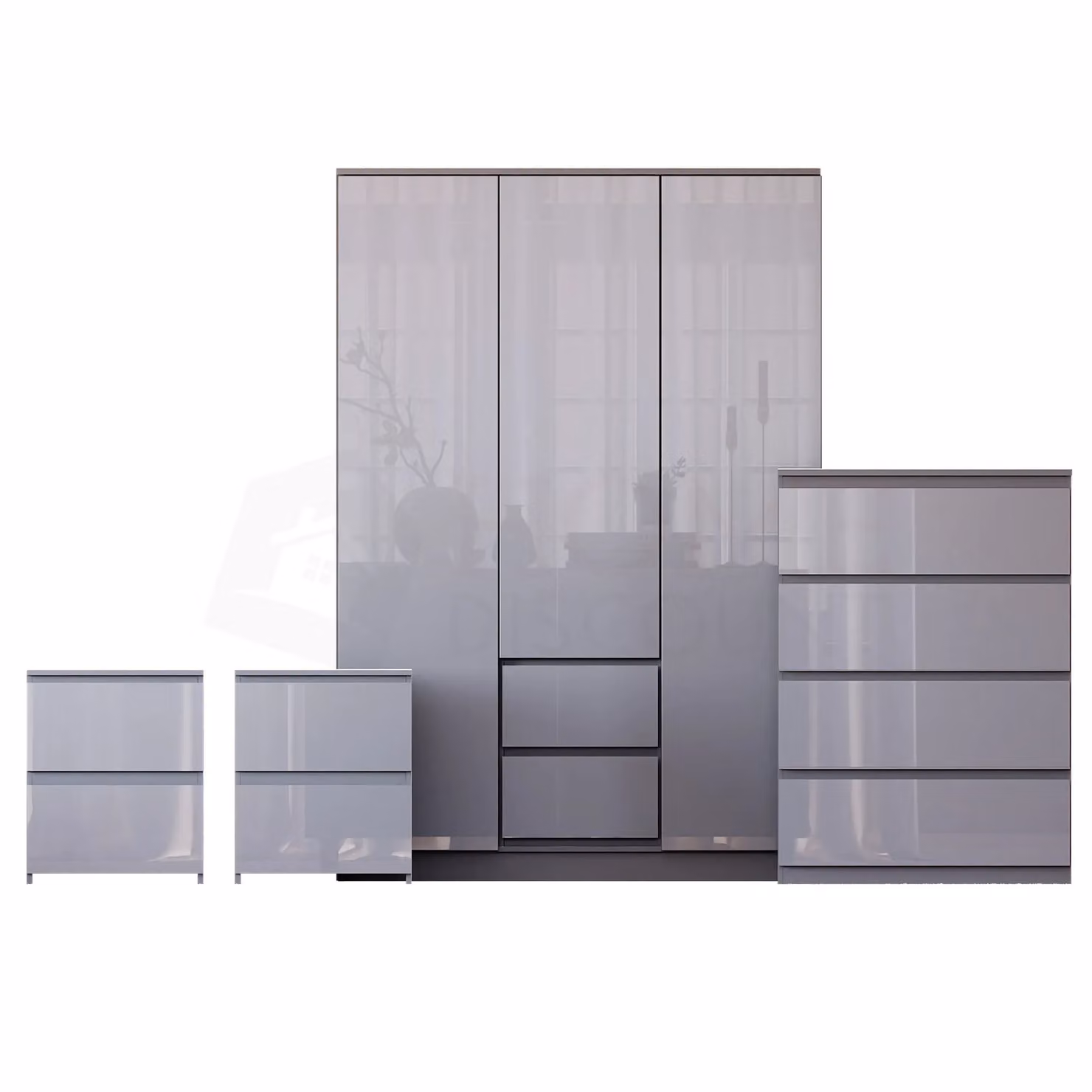 Vida Designs Glinton 4 Piece Grey Glossy Bedroom Set including 2 Bedside Tables, 4 Drawer Chest and Wardrobe – 2