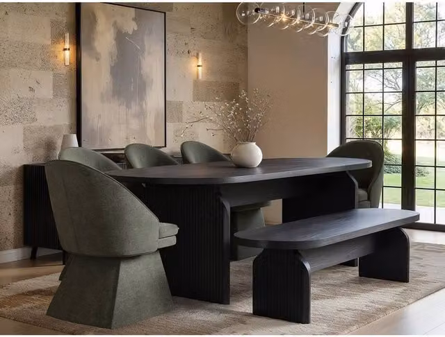 Solace+Co Scandinavian Extendable Dining Table with 5 Green Chairs and Black Bench