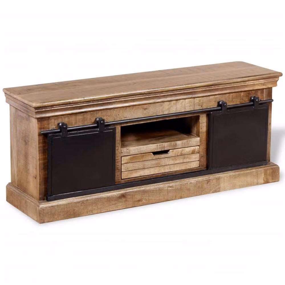 Berkfield Home Industrial TV Cabinet with 2 Sliding Doors in Solid Mango Wood, Brown, W/D/H: 110 x 30 x 45 cm – 2