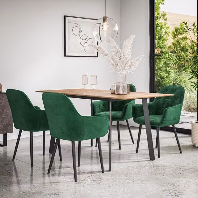 More4Homes Haydon Extending Oak Effect Dining Table Set with 6 Anika Velvet Chairs in Green