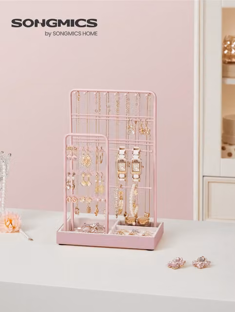 SONGMICS Jewellery Display Stand Organiser with Velvet Tray, Pink