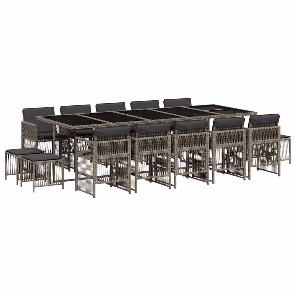 Berkfield Home 15 Piece Grey Poly Rattan Garden Dining Set with Cushions and Glass Table – 2