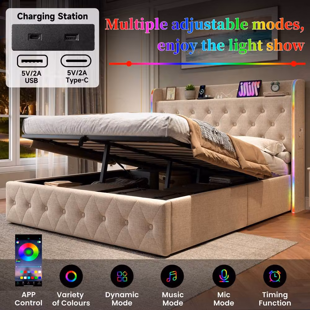 Rolipo Double Upholstered Bed Frame in Beige with Hydraulic Storage, LED Under-Bed Lighting and USB Charging Port – 4