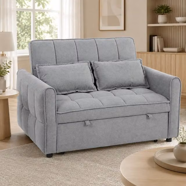 STILVORA 2 Seater Velvet Sofa Bed in Grey with Adjustable Headrest and Pull Out Drawer – 1