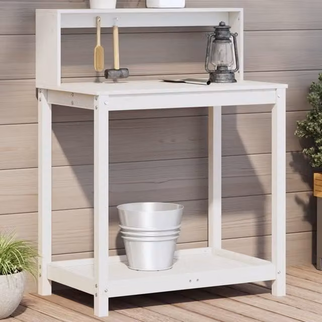 Berkfield Home White Solid Pine Potting Table with Shelves, W/D/H: 82.5 x 50 x 109.5 cm