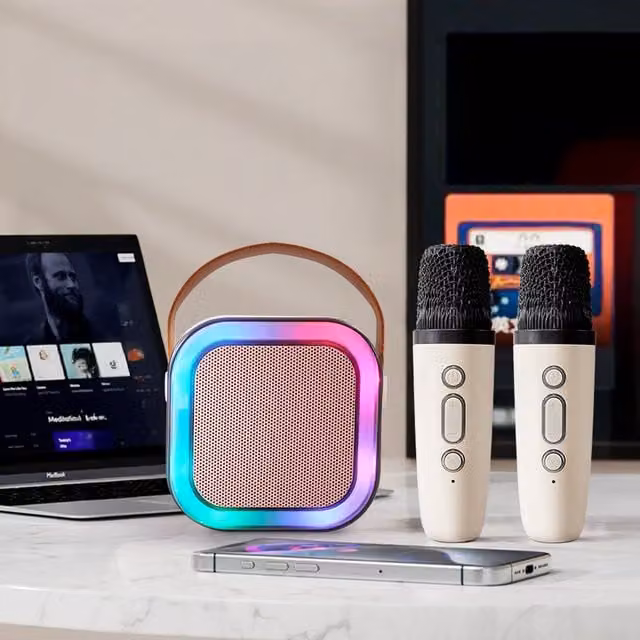 Kidkid Portable Karaoke Machine with RGB Lights and Wireless Microphone - White