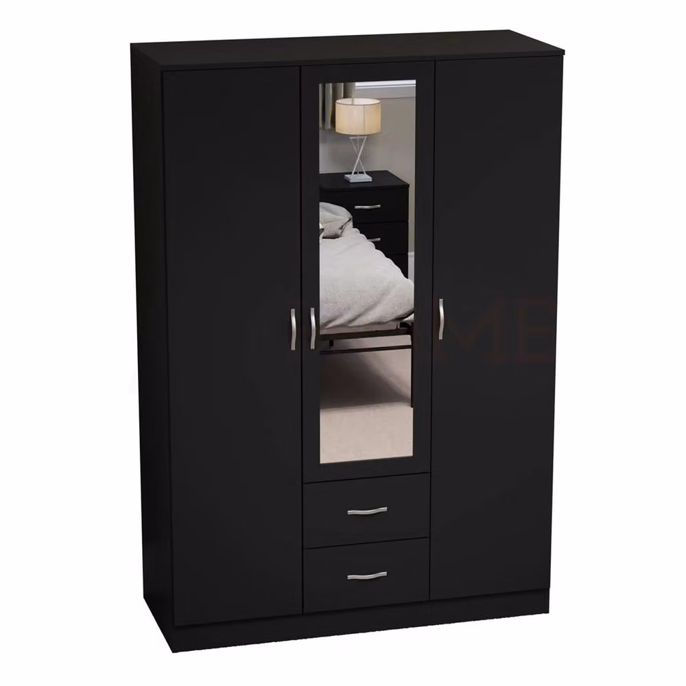 FORGEVIO Black Modern Wide Wardrobe with Hinged Doors, Integrated Drawers and Mirror – 3