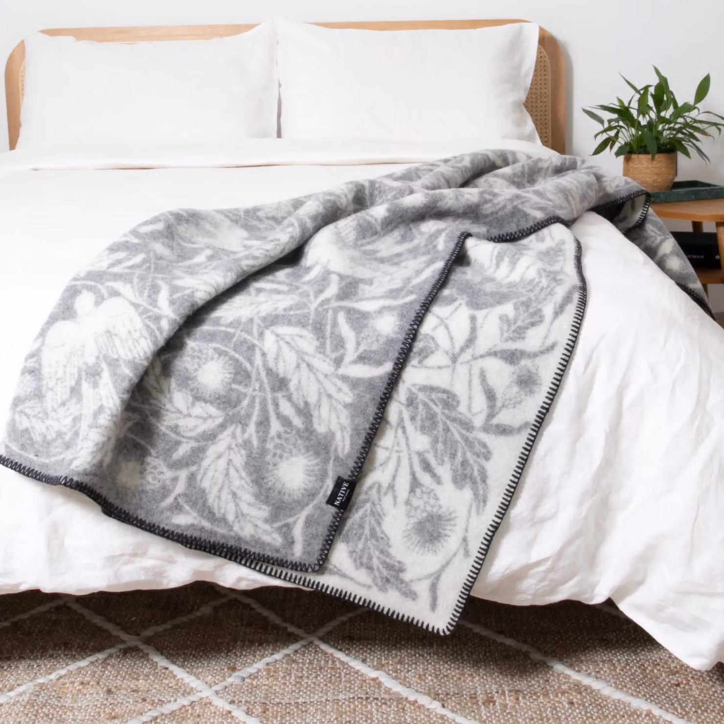 Simply Sheepskin Bird Grey Jacquard Woven Premium New Zealand Wool Blanket W/D: 140 x 200 cm – 2