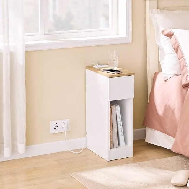 SoBuy Slim Modern White Nightstand with Charging Ports