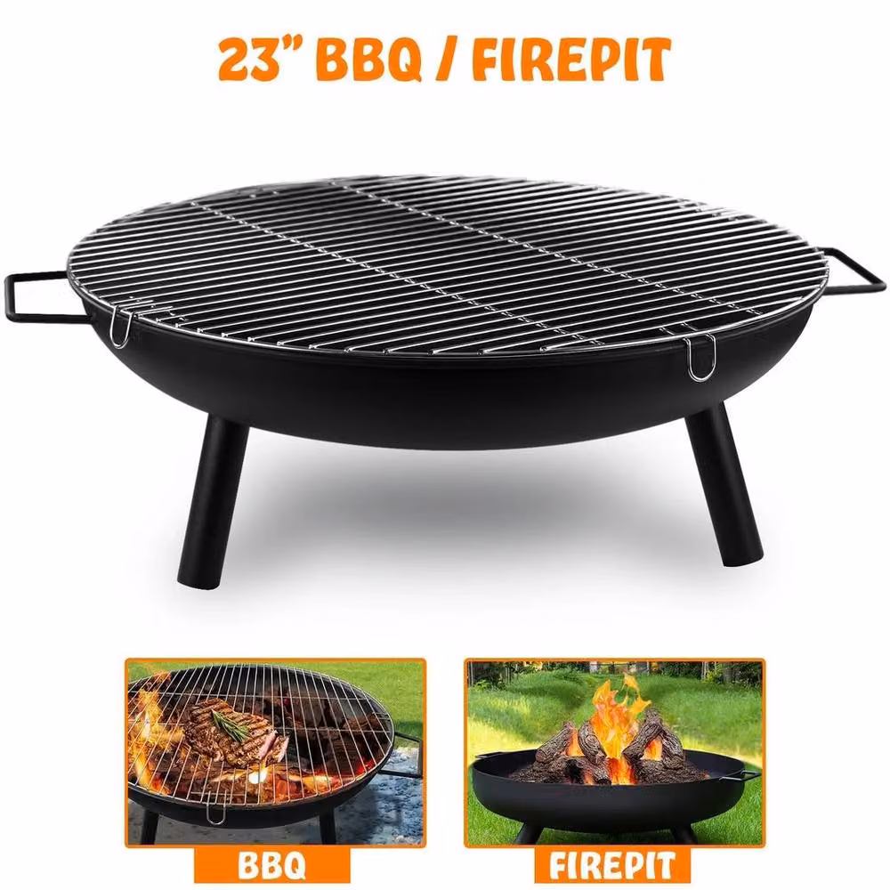 FLAVORA Black Steel Round Fire Pit and BBQ Grill Charcoal Fire Bowl W/D/H: 58.4 x 58.4 x 21.0 cm – 3