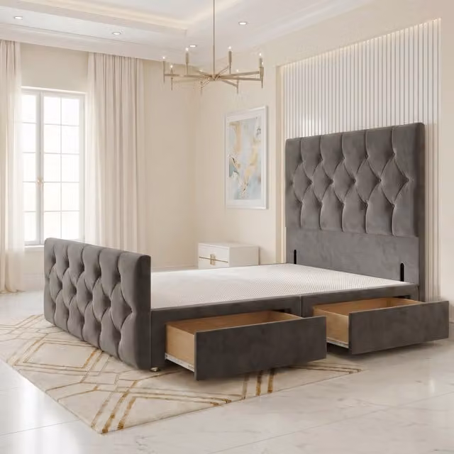 Somnior Beds Ltd Chesterfield Velvet Single Divan Bed Base with Drawers in Grey