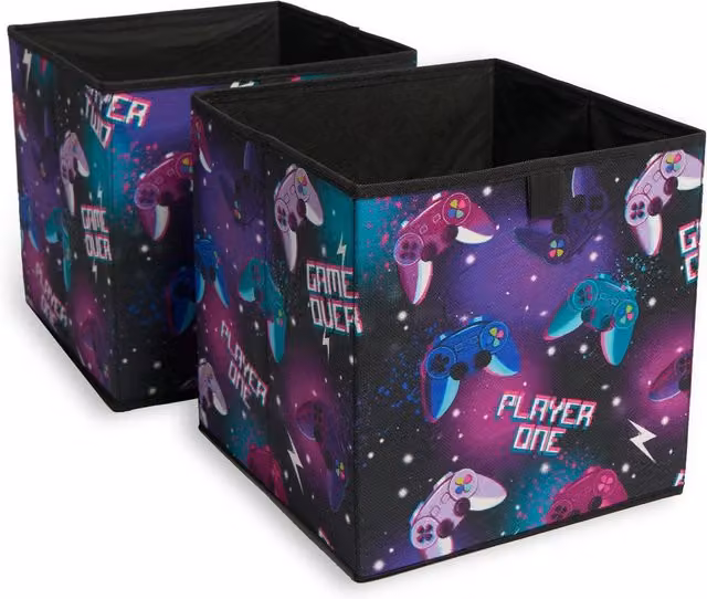 OHS Set of 2 Fabric Gaming Print Collapsible Storage Boxes in Black and Multicolour, W/D/H: 27 x 27 x 27 cm – 6